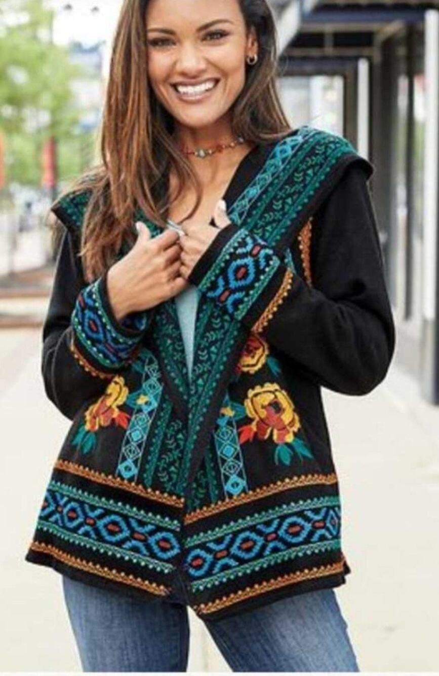 Time For Me Geometric Flair Embroidered Jacket Hoodie Sweater Black Women's XL